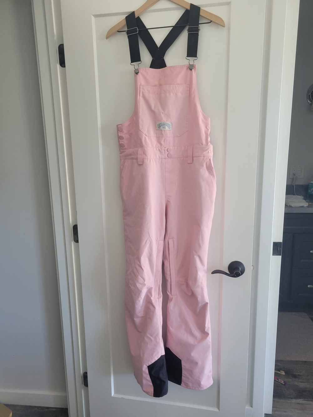 Billabong Pink Bib Snow Overalls with Black Suspenders
